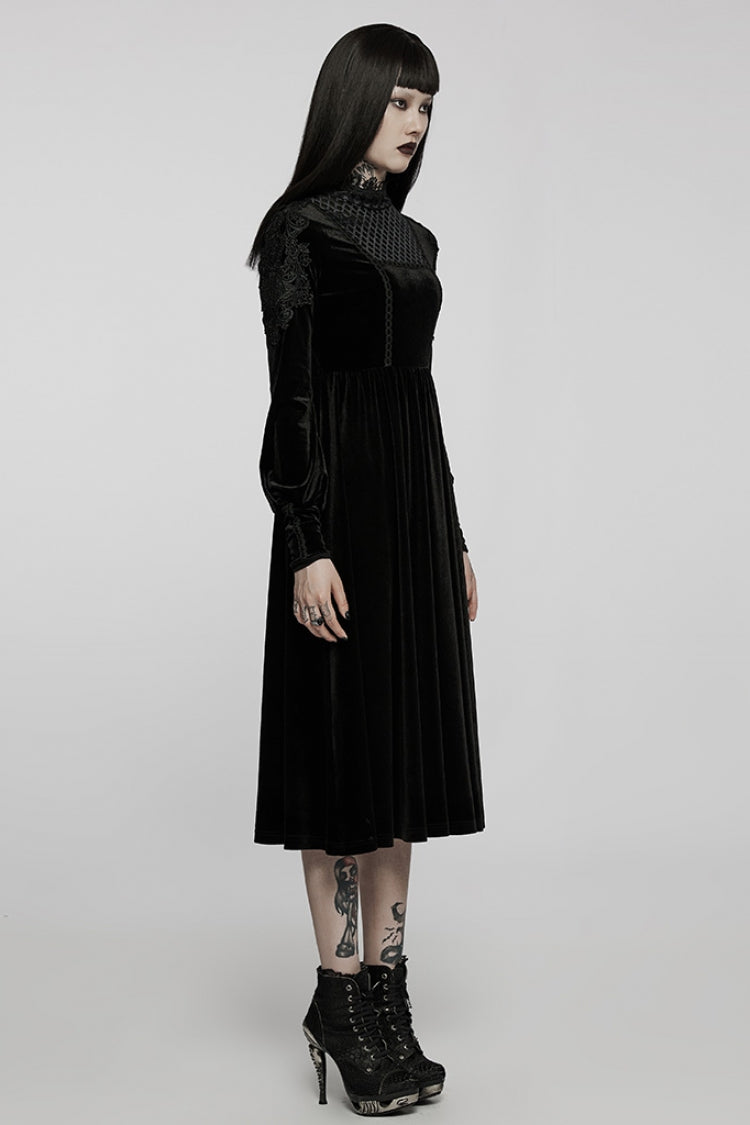 Black Long Sleeves Invisible Zipper High Waisted Hollow Stitching Women's Gothic Dress
