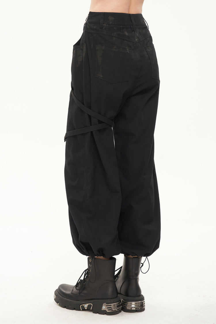 Black Irregular Print Single Side Frenulum Ring Legs Drawstring Closing Women's Punk Pants