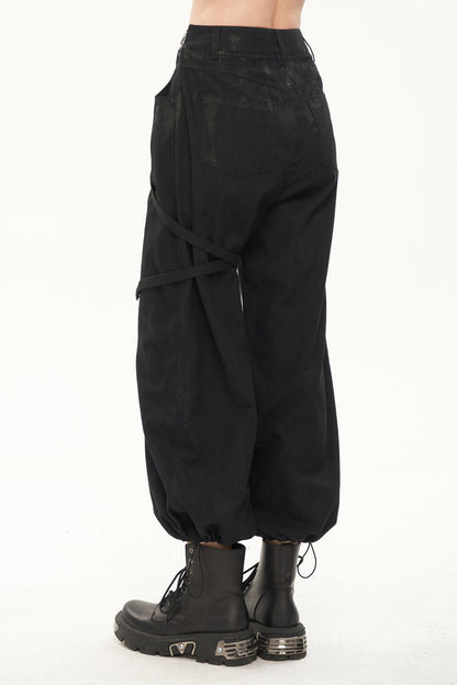 Black Irregular Print Single Side Frenulum Ring Legs Drawstring Closing Women's Punk Pants