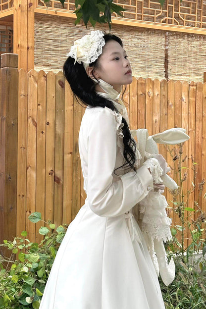 Apricot Stand Collar Long Sleeves Ruffled Lace-Up Gothic Lolita Dress