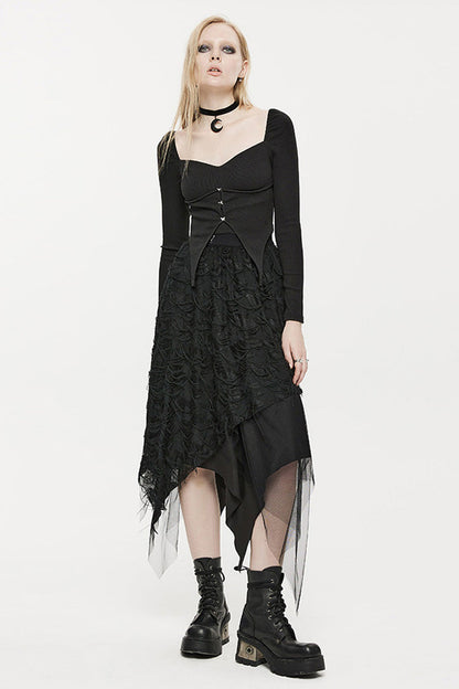 Black Elastic Square Neck Curved Split Butterfly Button Women's Gothic T-Shirt