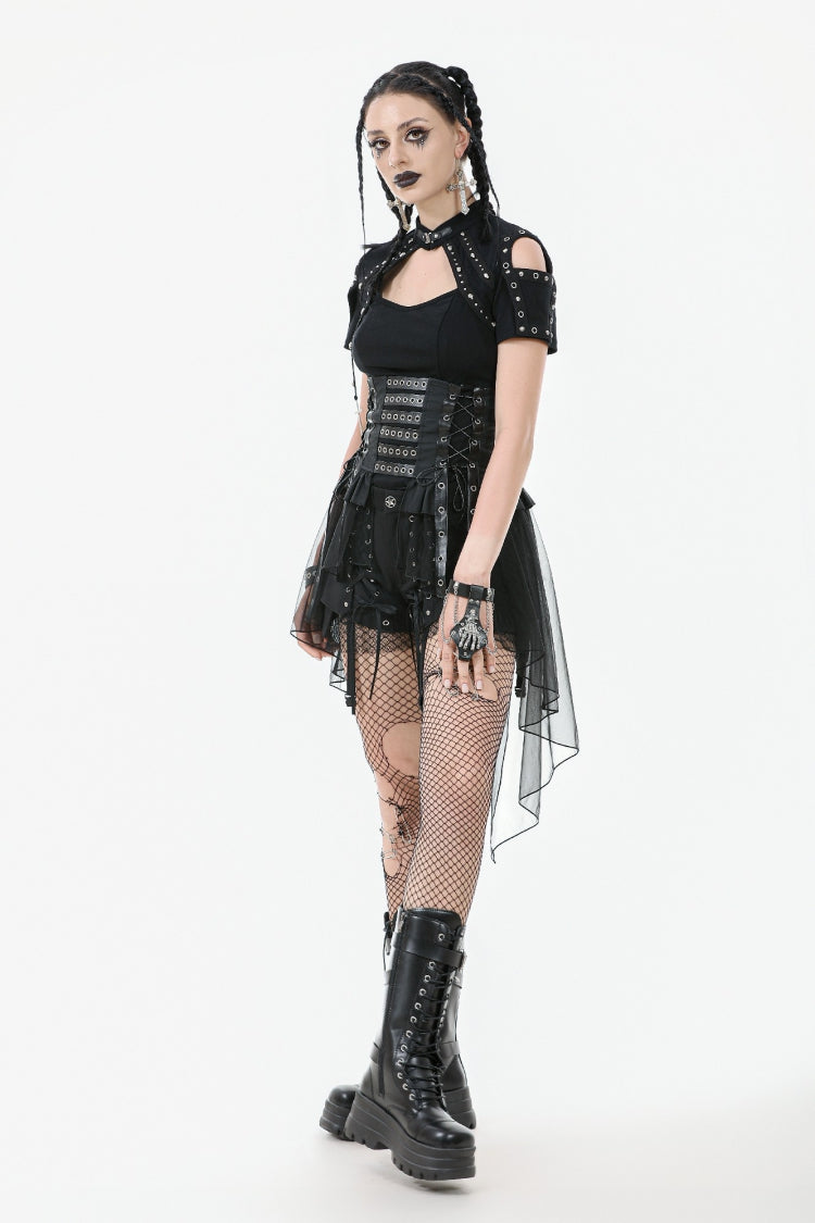 Black High Waisted Lace-Up High/low Mesh Women's Punk Skirt