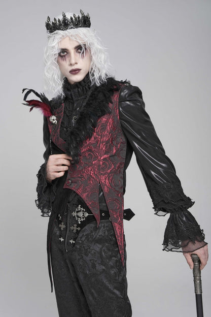 Black Long Sleeves Rose Print Irregular Contrast Color Men's Gothic Vest with Detachable Feather Accessory