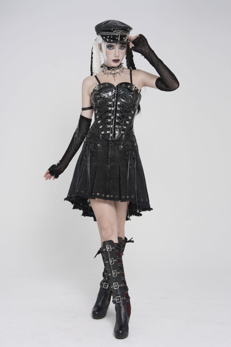 Black Lace-Up Slim Studded Zippered Women's Punk Corset