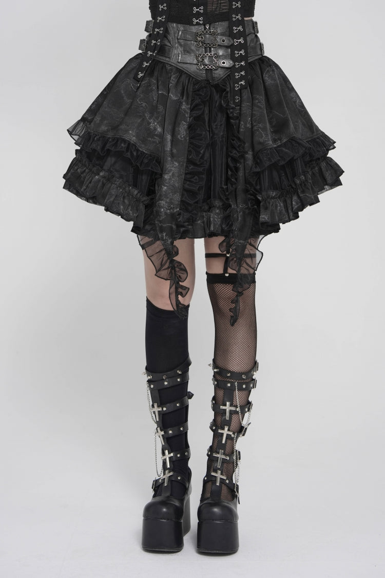 Black Multi-Layered Printed Spliced Lace Lace-Up Buckled Pleated Eyelet Women's Gothic Skirt