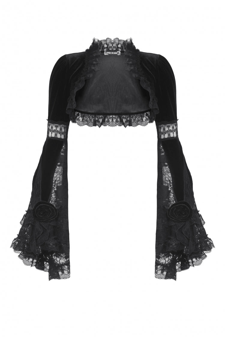Black Long Puff Flared Sleeves Ruffled Lace Spliced Velvet Women's Gothic Cape