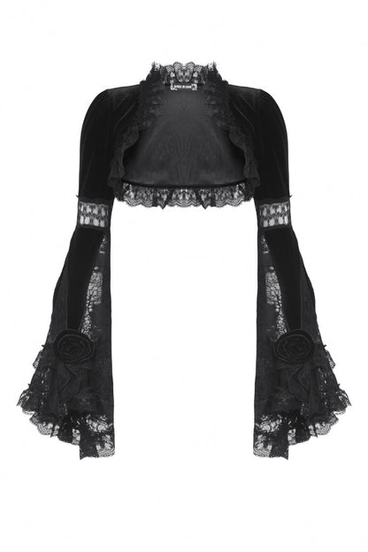Black Long Puff Flared Sleeves Ruffled Lace Spliced Velvet Women's Gothic Cape