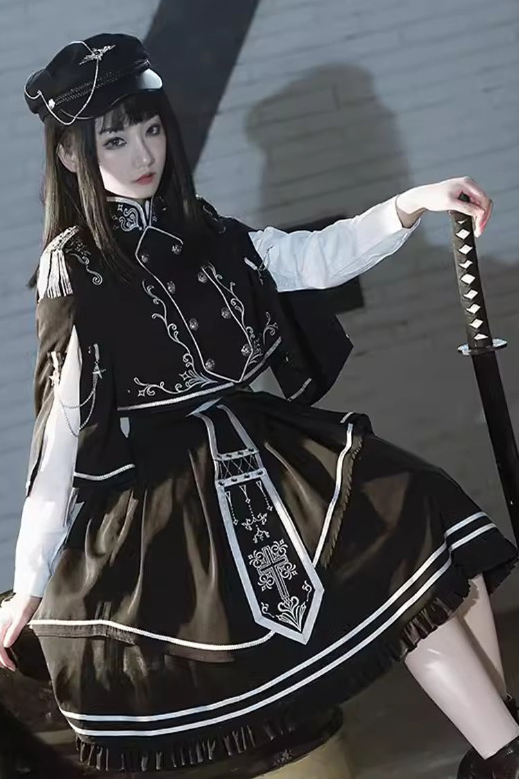 Black Battle of Thorns Print Ruffle Gothic Military Handsome Lolita Skirt