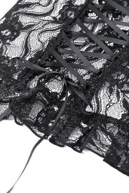 Black Multi-Layered Long Trumpet Sleeves Lace Lace-Up Women's Gothic Top