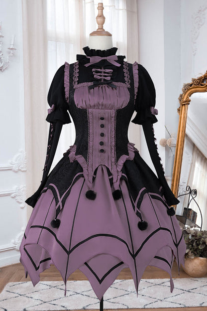 Black / Purple Round Collar Ruffled Long Sleeves Waist Irregular Hem Imp Sweet Lolita OP Dress Full Set