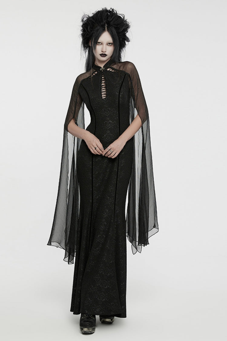 Black Cheongsam Collar Chiffon Stitching Ripped Women's Gothic Dress