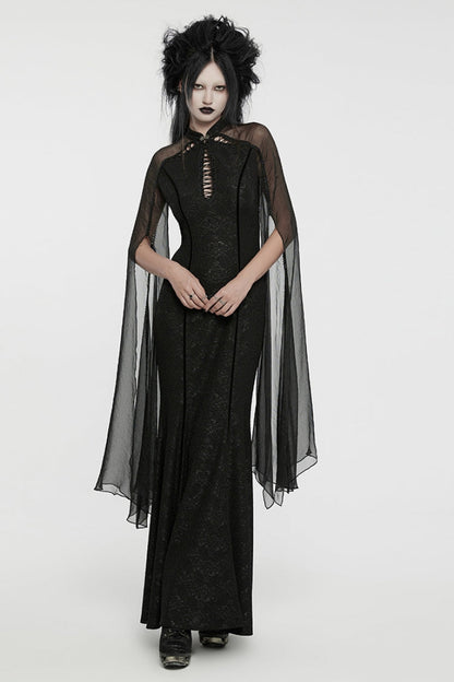 Black Cheongsam Collar Chiffon Stitching Ripped Women's Gothic Dress