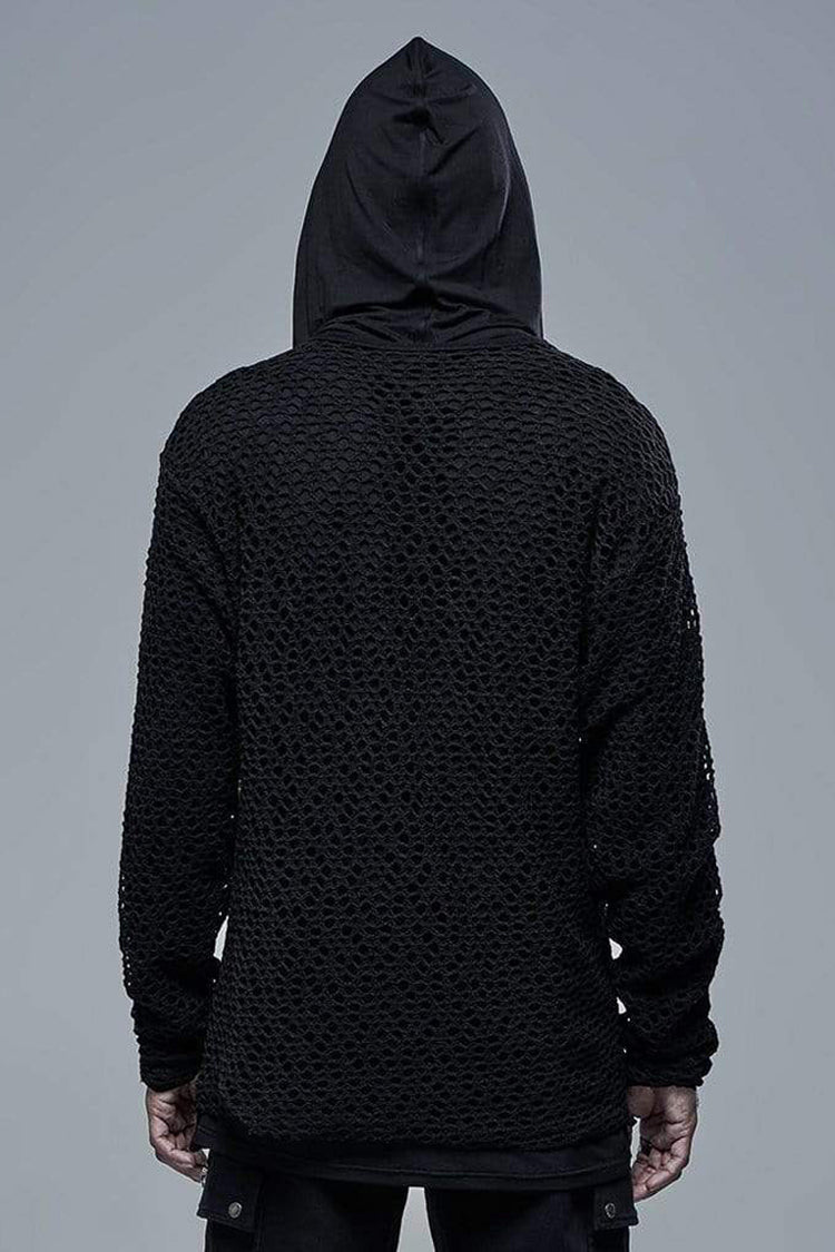 Black Knit Outer Mesh Long Sleeve Inner Hooded Simple Two Piece Men's Punk T-Shirt