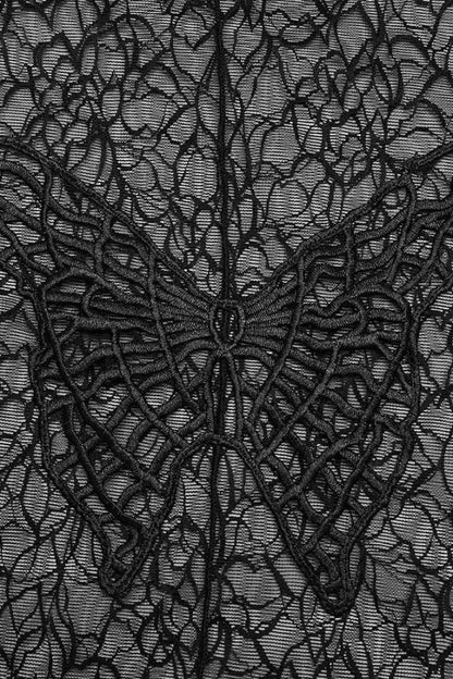 Black Long Sleeves Butterfly Embroidery Sheer Mesh Women's Gothic T-Shirt