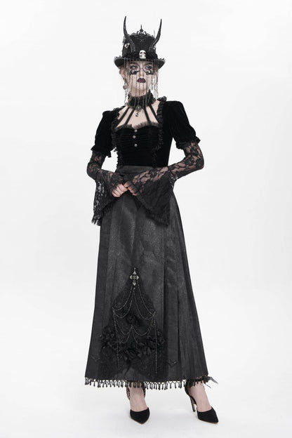 Black Floral Cross Embroidery Chain Women's Gothic Horse-face Long Skirt
