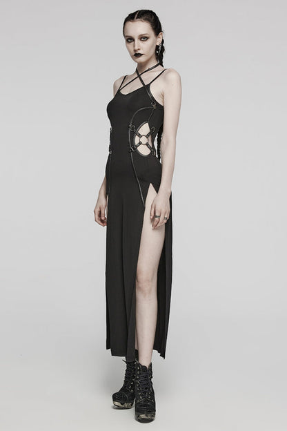 Black Halterneck Lace-Up Ripped Side Slit Women's Punk Dress