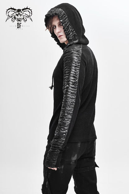 Black Chest Lace Up Vertical Stripes Woolen Splice Bright Crimped Fabric Hooded Men's Punk T-Shirt