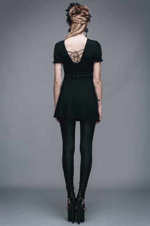 Black Patterned Lace Neck Short Sleeves Womens Mid-Length Gothic T-Shirt