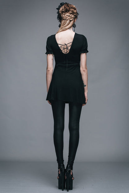 Black Patterned Lace Neck Short Sleeves Womens Mid-Length Gothic T-Shirt