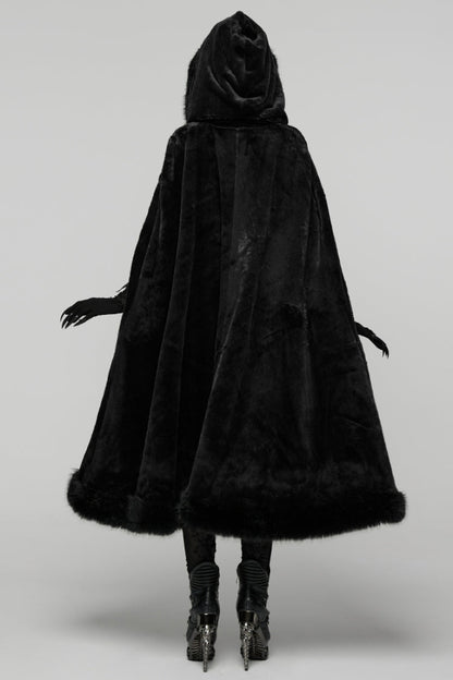 Black Faux Fur Spliced Hooded Women's Gothic Coat Cloak