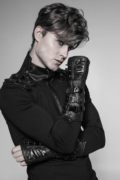 Black Faux Leather Metal Rivet Buckle Men's Steampunk Gloves
