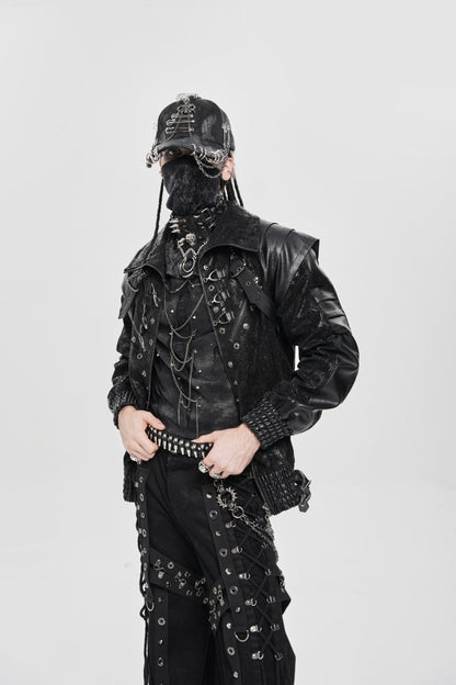 Black Faux Leather Stitching Buckle Zipper Straps Men's Punk Coat