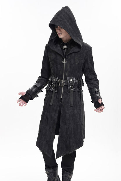Black Buckle-up Eyelets Long Sleeves Hooded Men's Gothic Jacket