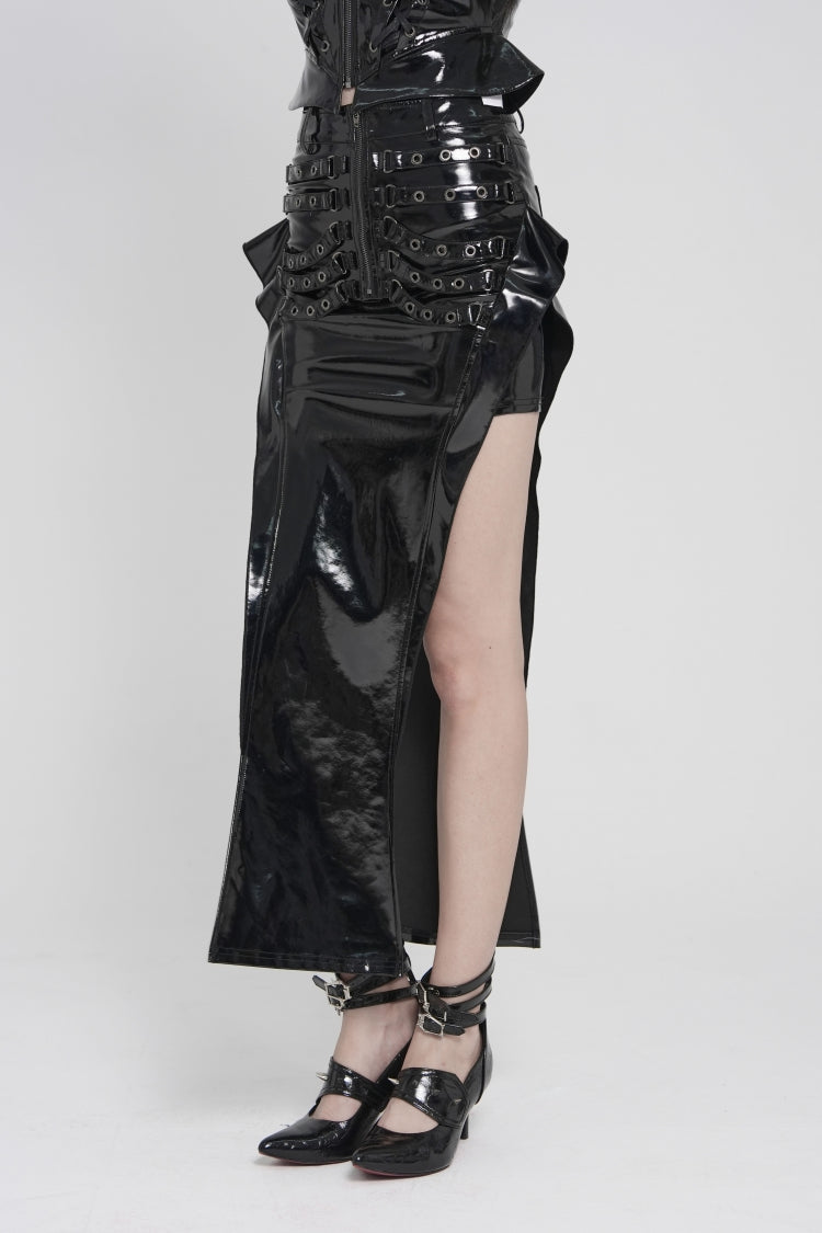 Black Cut-Out Irregular Zippered Women's Punk Long Skirt