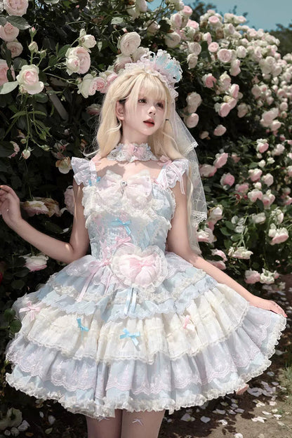Bkue/Pink [Cloudwhale Dreamweaver] Square Collar Multi-Layered Ruffled Bow Lace Sweet Lolita Jsk Dress