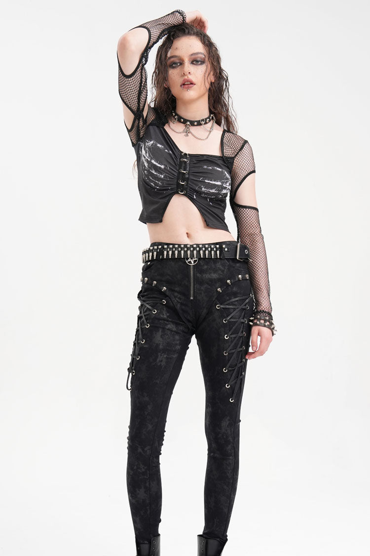 Black Long Sleeves Hollow Mesh Ripped Women's Punk Corset