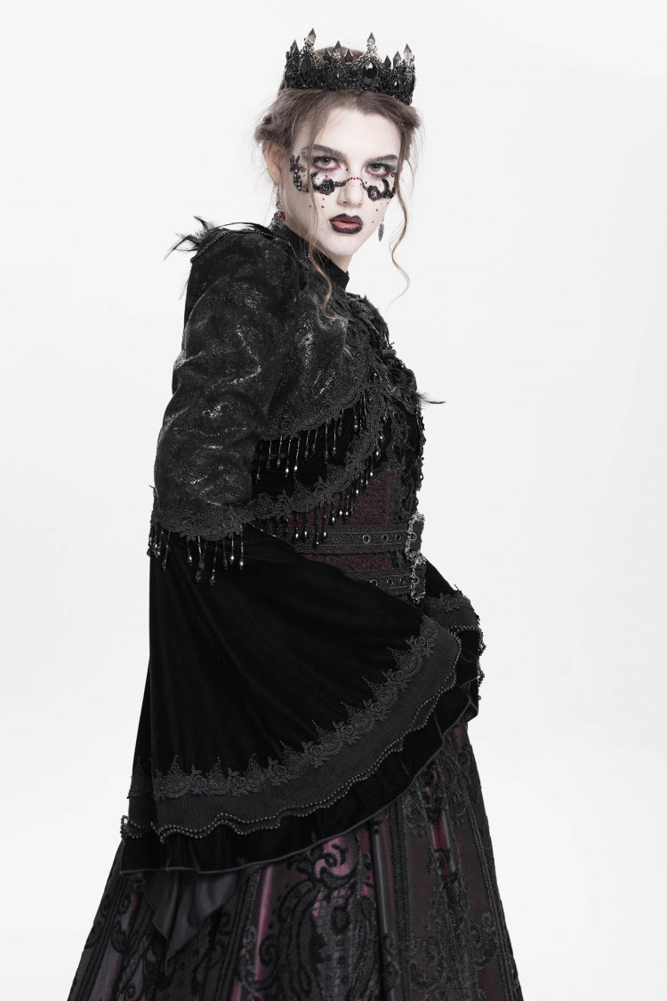 Black Long Sleeves Floral Embroidery Women's Gothic Beaded Frog Short Jacket