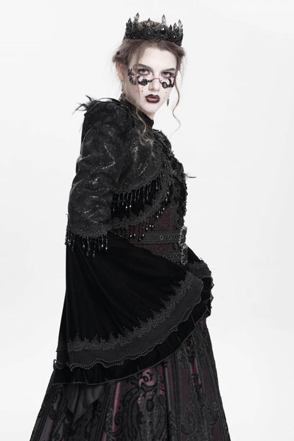 Black Long Sleeves Floral Embroidery Women's Gothic Beaded Frog Short Jacket
