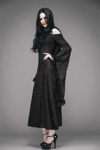 Black Gothic Big Cuffs Stretchy Floral Off The Shoulder Hooded Long Womens Dress