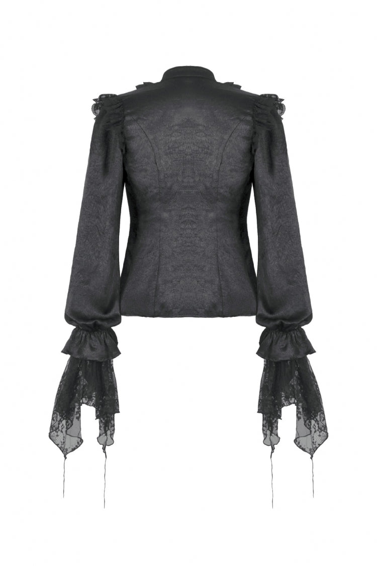 Black Long Lantern Sleeves Ruffled Spliced Lace Women's Gothic Blouse