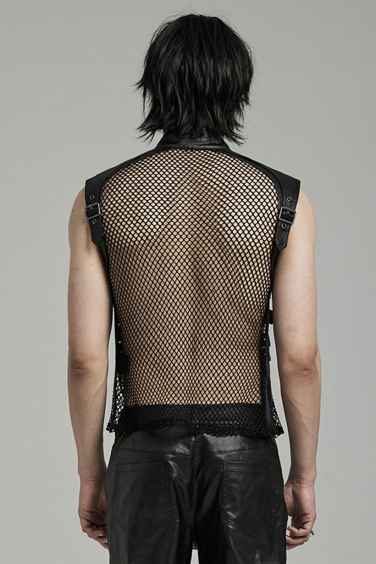 Black Multi-buckles Hollow Mesh Faux Leather Men's Punk Vest