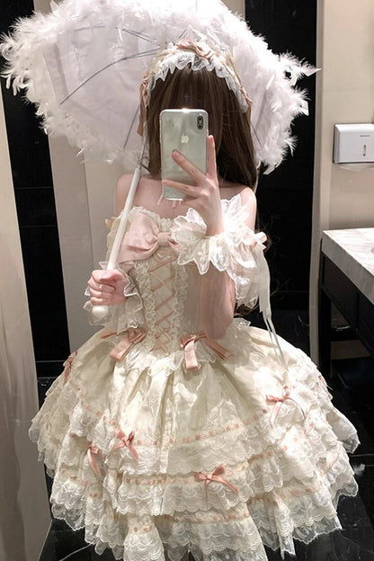 Apricot [Flora Isle Butterfly] Sleeveless Ruffle Bowknot Lace Lace-Up Sweet Elegant Lolita Jsk Dress