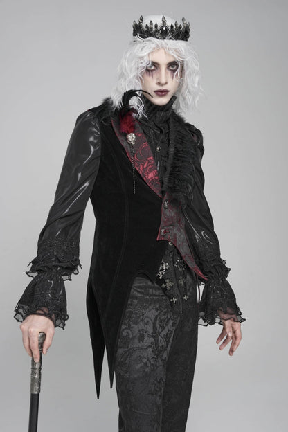 Black Long Sleeves Rose Print Irregular Contrast Color Men's Gothic Vest with Detachable Feather Accessory