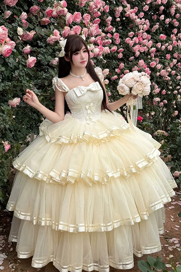 Apricot [Sweet Organza Satin] Sleeveless Multi-Layered Ruffled Hanayome Bow Lace Sweet Elegant Princess Lolita Jsk Dress
