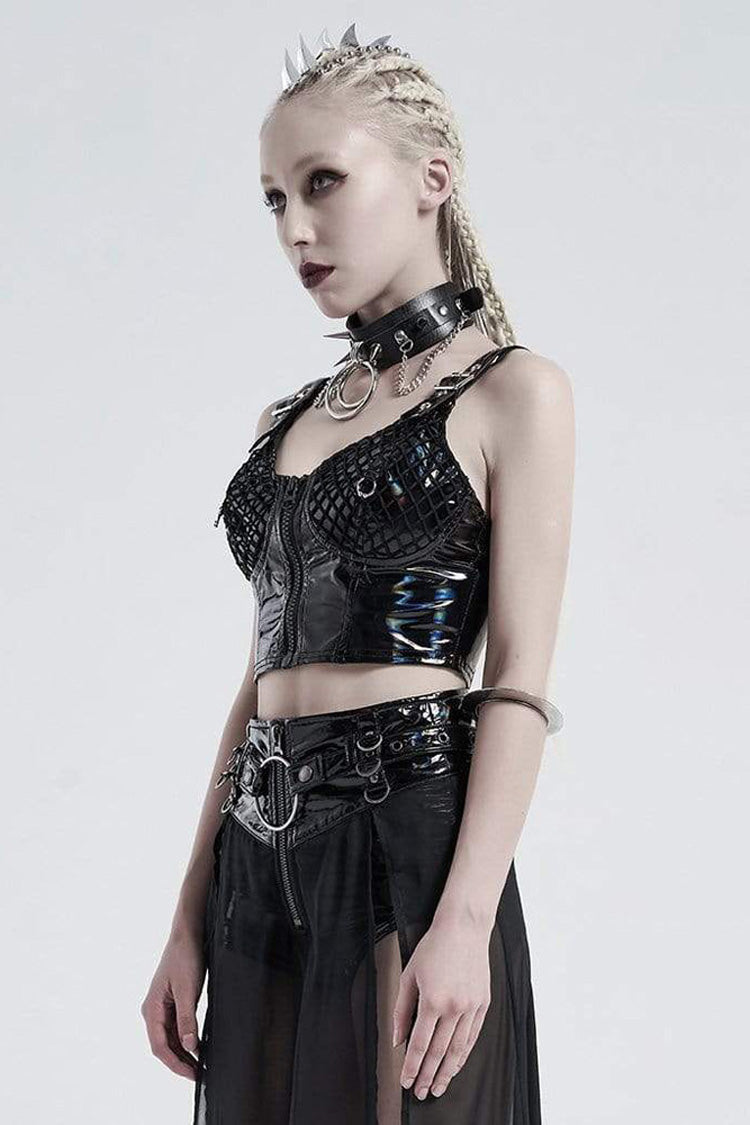 Black Knit Metal Buckle Shoulder Strap Splice Mesh Press Glue Women's Punk Vest