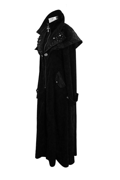 Black Hand Embroidered Big Shawl Collar Zipper Up Long Womens Gothic Coat