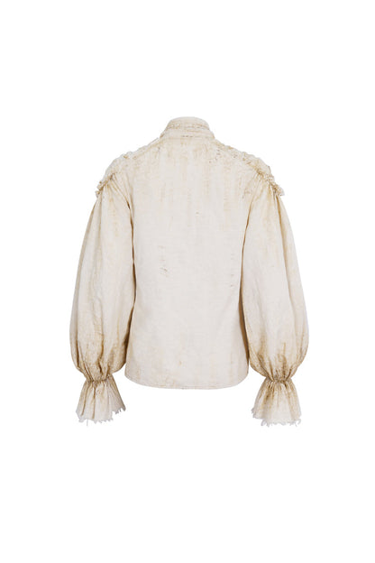 Beige Stand Collar Lantern Sleeves Print Lace Women's Punk Blouse