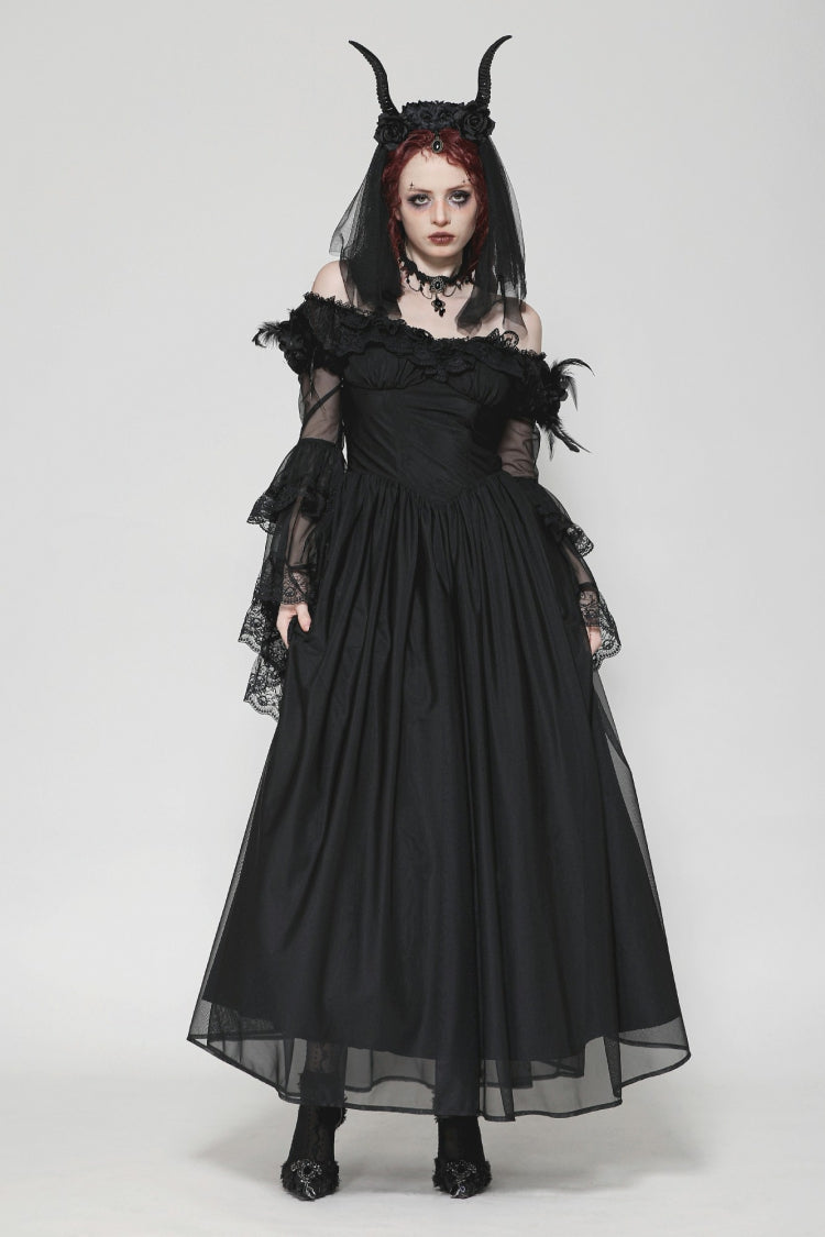 Black Off Shoulder Boat Neck Multi-Layered Long Trumpet Sleeves Lace Spliced Tulle Lace-Up Women's Gothic Fantasy Dress