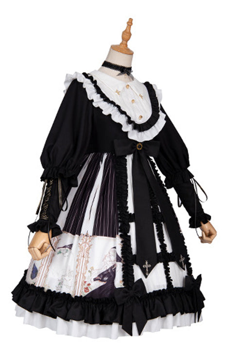 Black Doll Collar Long Sleeves Ruffled Anthem Print Gothic Lolita OP Dress