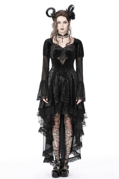 Black Long Puff Sleeves High Low Irregular Multi-Layered Lace Women's Gothic Velvet Dress