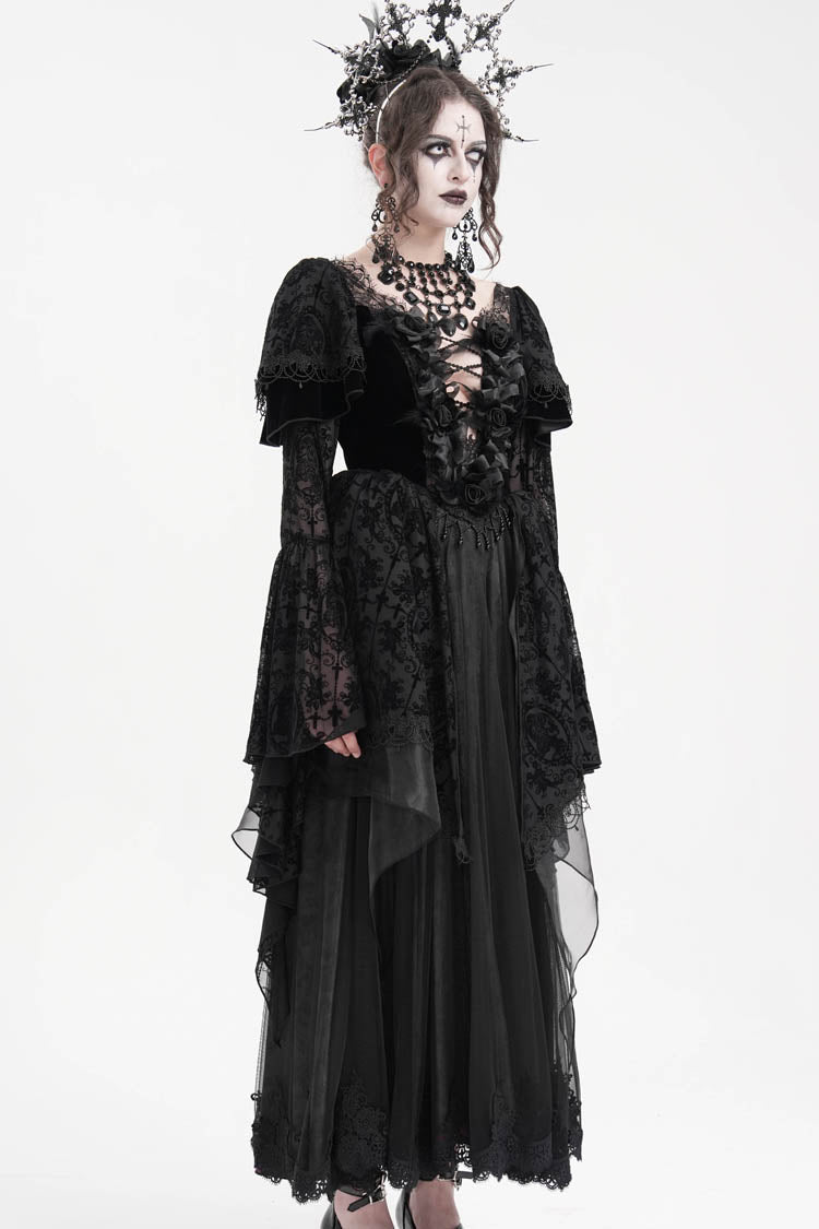 Black Crochet Long Sleeves Hanayome Lace Women's Gothic Dress