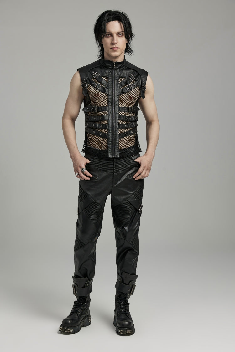 Black Multi-buckles Hollow Mesh Faux Leather Men's Punk Vest