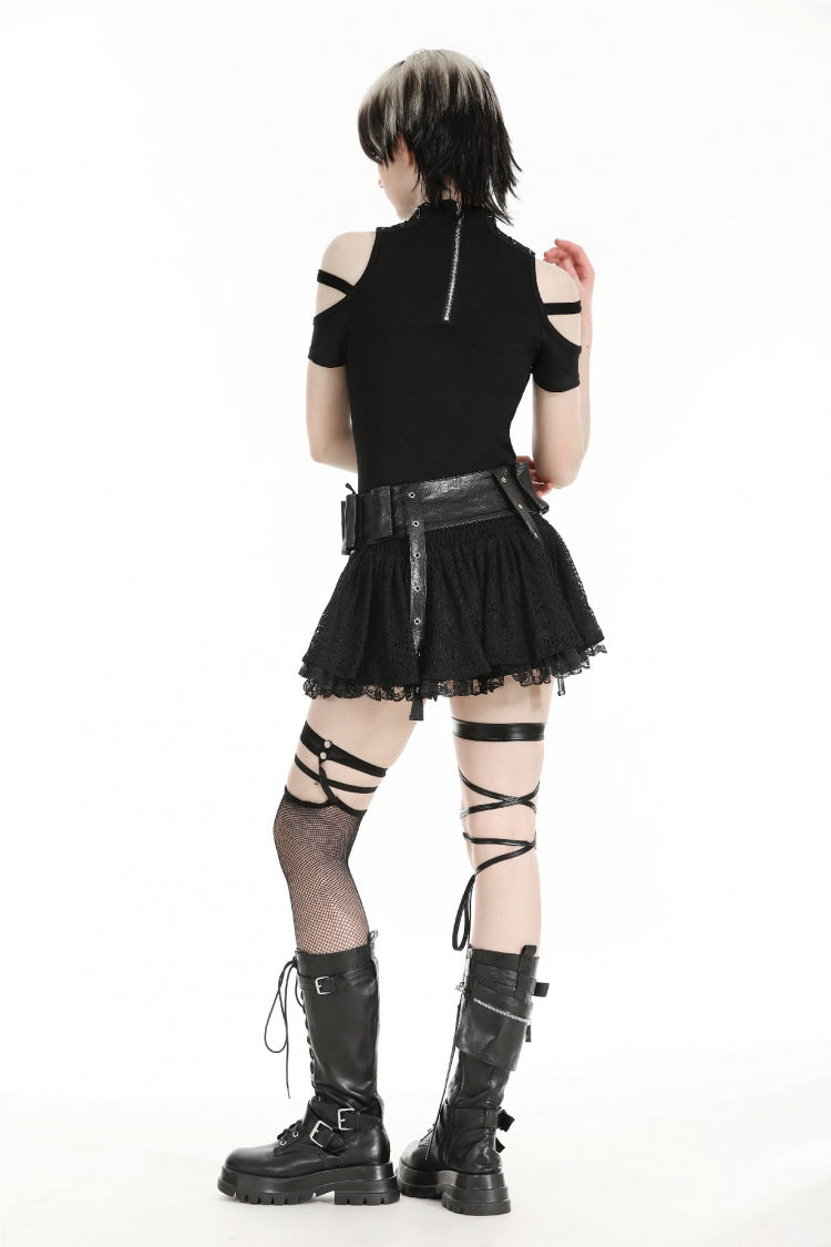 Black Faux Leather Spliced Lace Lace-Up Women's Punk Mini Skirt