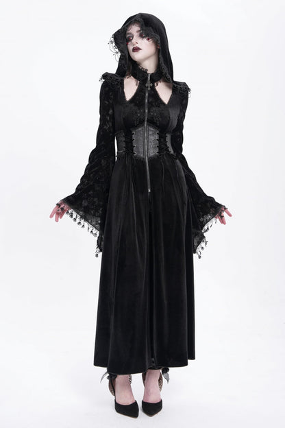 Black Long Sleeves Hollow Embroidery Hooded Ripped Women's Gothic Dress Coat