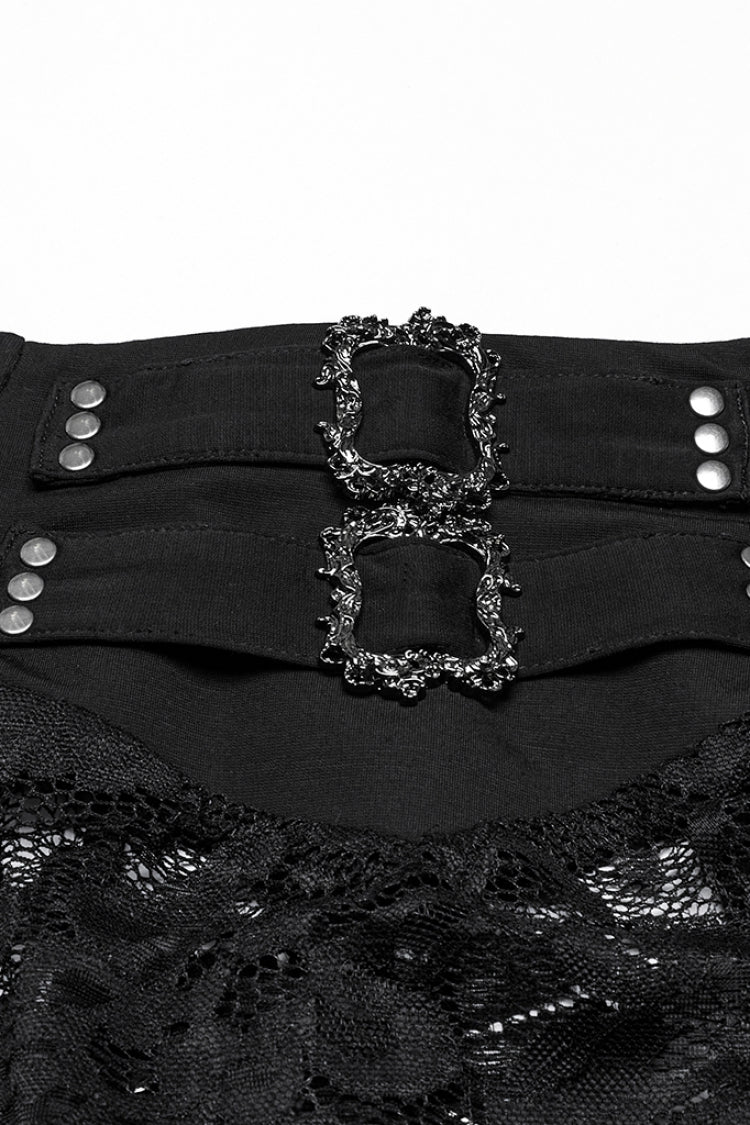 Black Embroidery Split Lace Women's Gothic Skirt with Studded Chain