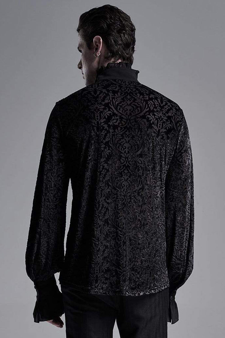 Black High Collar Lantern Sleeve Front Metal Retro Button Flounce Cuff Velveteen Knit Men's Gothic Shirt